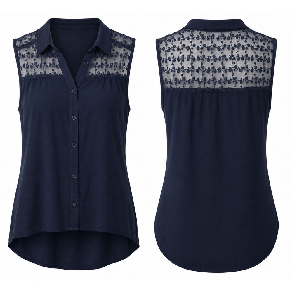 Arizona Jean Co Women's Navy Blue Sleeveless Lace Yoke Button Front Blouse XL